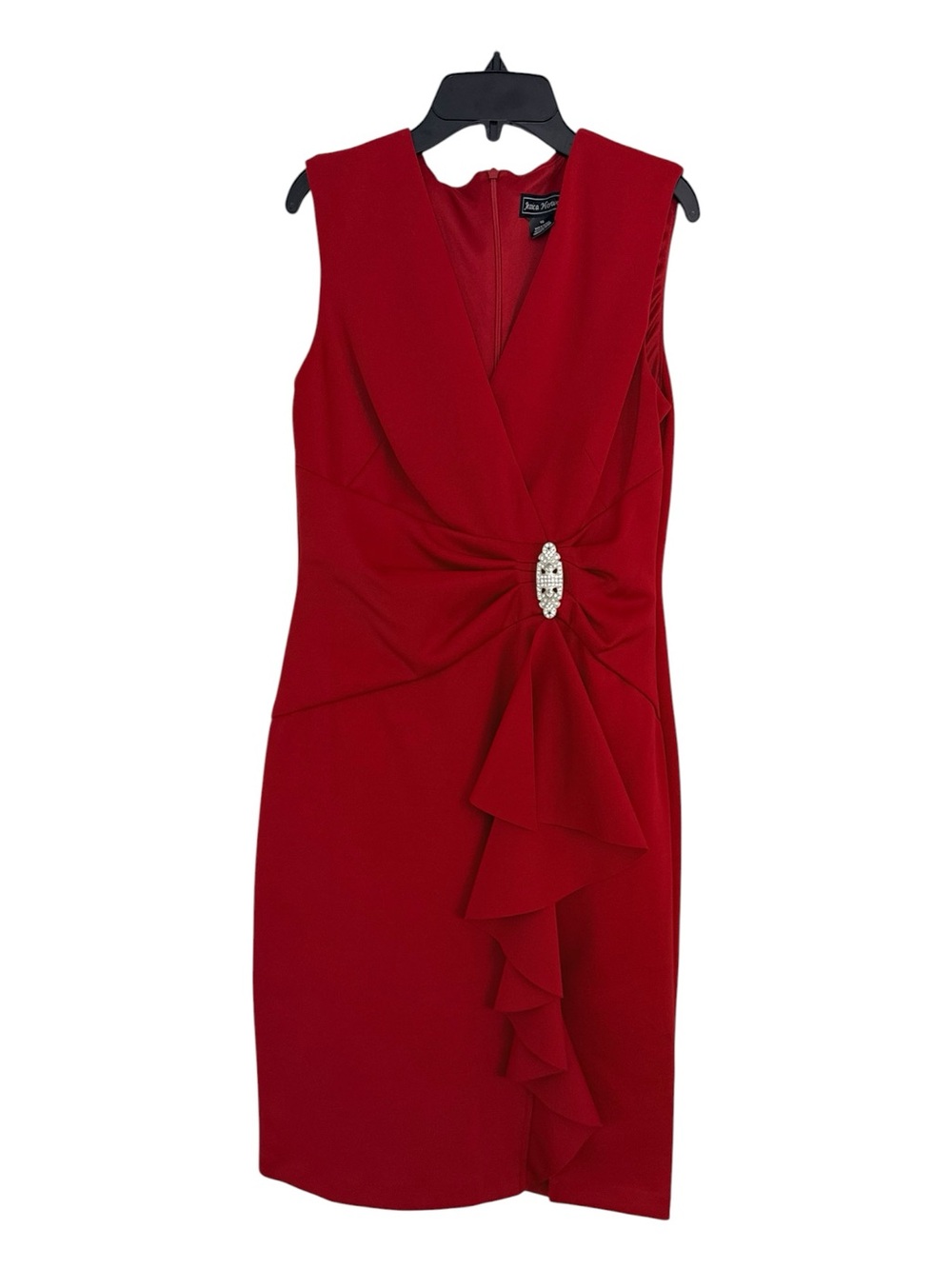 Jessica Howard Red Sleeveless V-Neck Ruffle Sheath Dress with Jeweled Accent